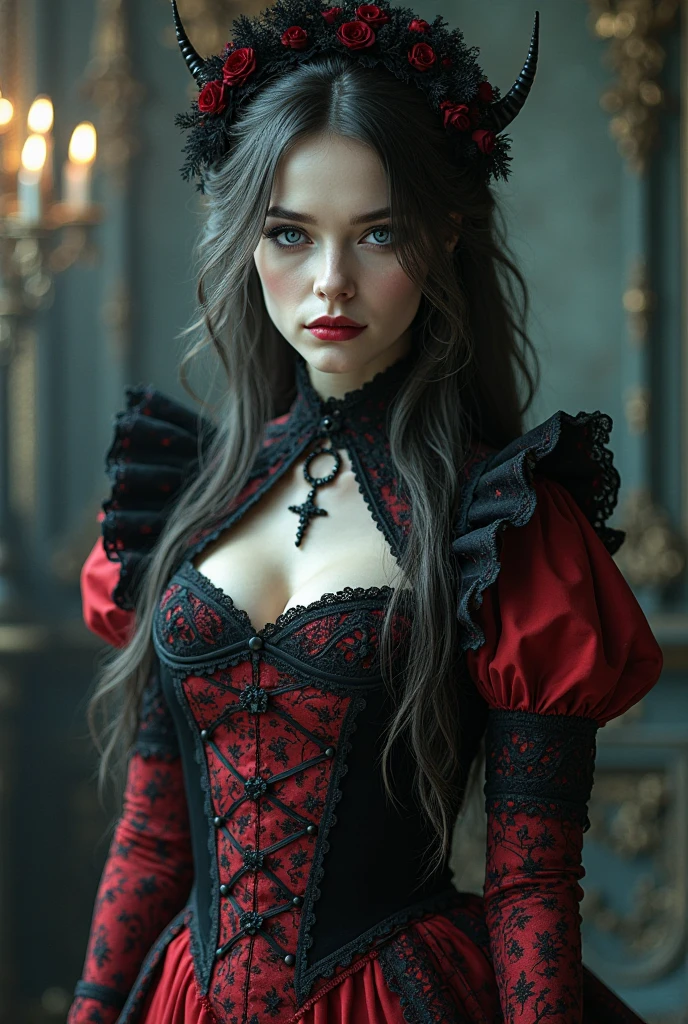 (masterpiece, top quality, best quality, official art, beautiful and aesthetic:1.2), (1girl:1.3), long and curly dark brown hair, ((extravagant updo)), Victorian style, extremely detailed, portrait, looking at viewer, solo, (full body:0.6), detailed background, close up, mischievous eyes, (cold midnight castle theme:1.1), extremely busty vampire, long fangs, blood on chin, huge lips, charlatan, smirk, mysterious, being seductive on a balcony, revealing gothic dress, lace, extremely tight bodice, black attire, red skirts, off shoulder, long sleeves, loose sleeves, black leather, cloak, corset, black dress, fishnets, thigh high black boots, buckles, straps, pouches, glowing blood magic energy, dark red fabric, silver trim, black leather, gigantic breasts, cleavage, skindentation, slim waist, slim hips, long legs, medieval (gothic castle exterior:1.1) background, nighttime, dark mysterious lighting, shadows, magical atmosphere, dutch angle