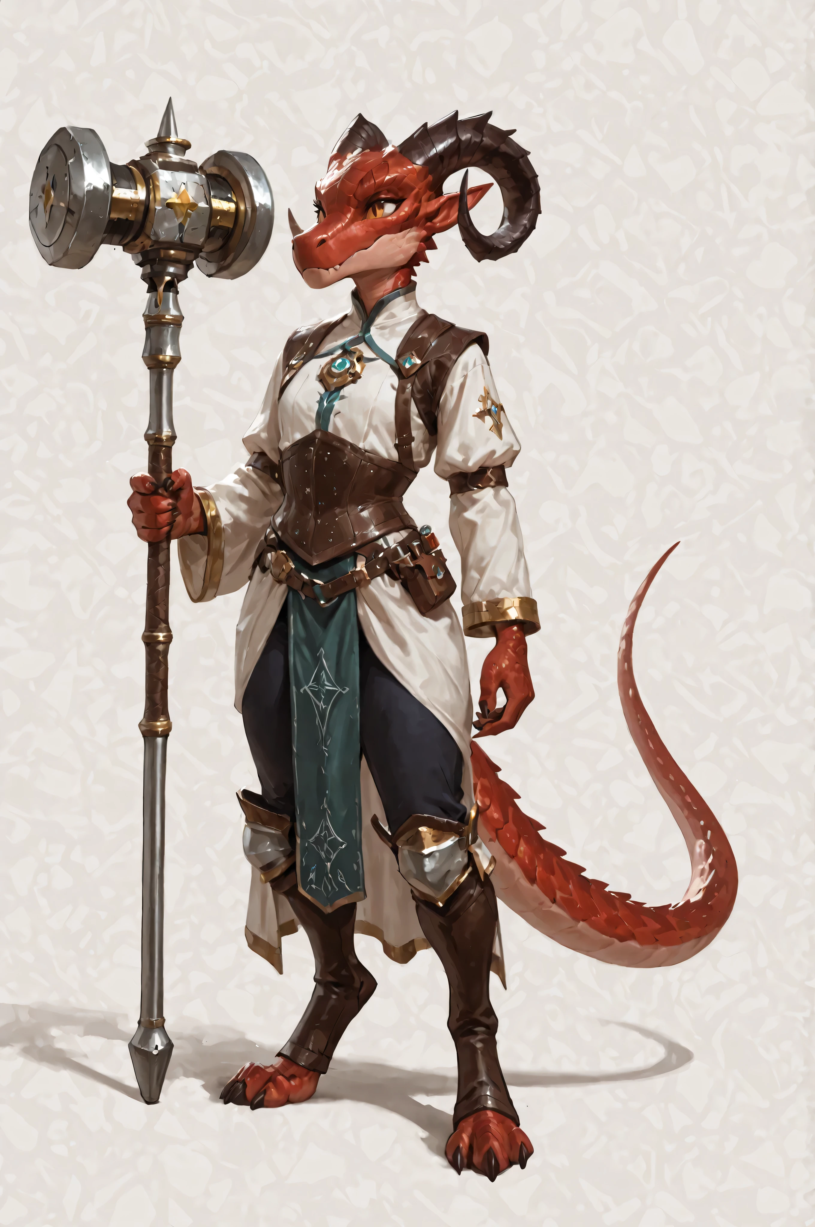pointed ears, long draconic snout, lean physique, kobold, red scales, great horns, artificer class, artificer's clothes highly detailed, best quality, holding great iron hammer