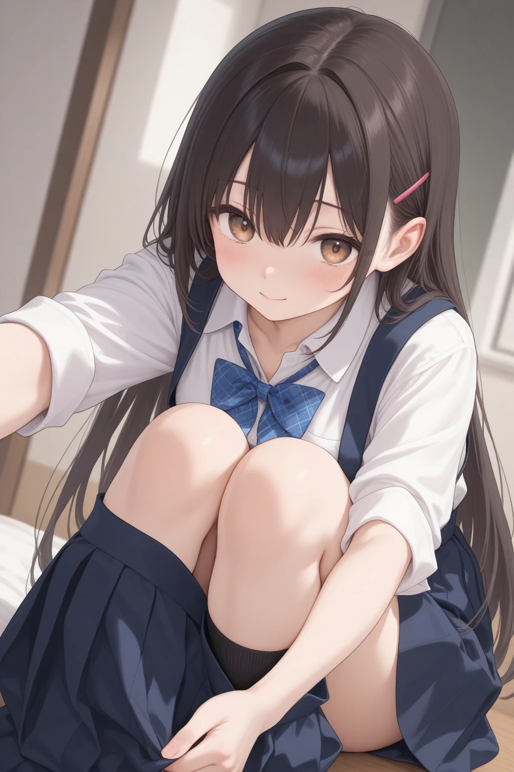 Highest quality, masterpiece, High resolution, (Head to Toe full body), front, frontやや下からの構図, Symmetric, Tall 18 year old girl, alone, (Head to Toe), (Small breasts), disheveled brown hair, bangs, (black tights), (Black Pantyhose), (Sit with your legs apart), (Crouching pose), (Composition showing white panties), (She has her legs spread and her white panties are visible.), (Sit on the floor with your legs spread), (M-shaped foot), Thin legs, とても美しくTall 18 year old girl, (No shoes), blush, Shy big eyes, Looking into the camera, Blazer uniform, Checkered Pleated Skirt、Furukawa Yui