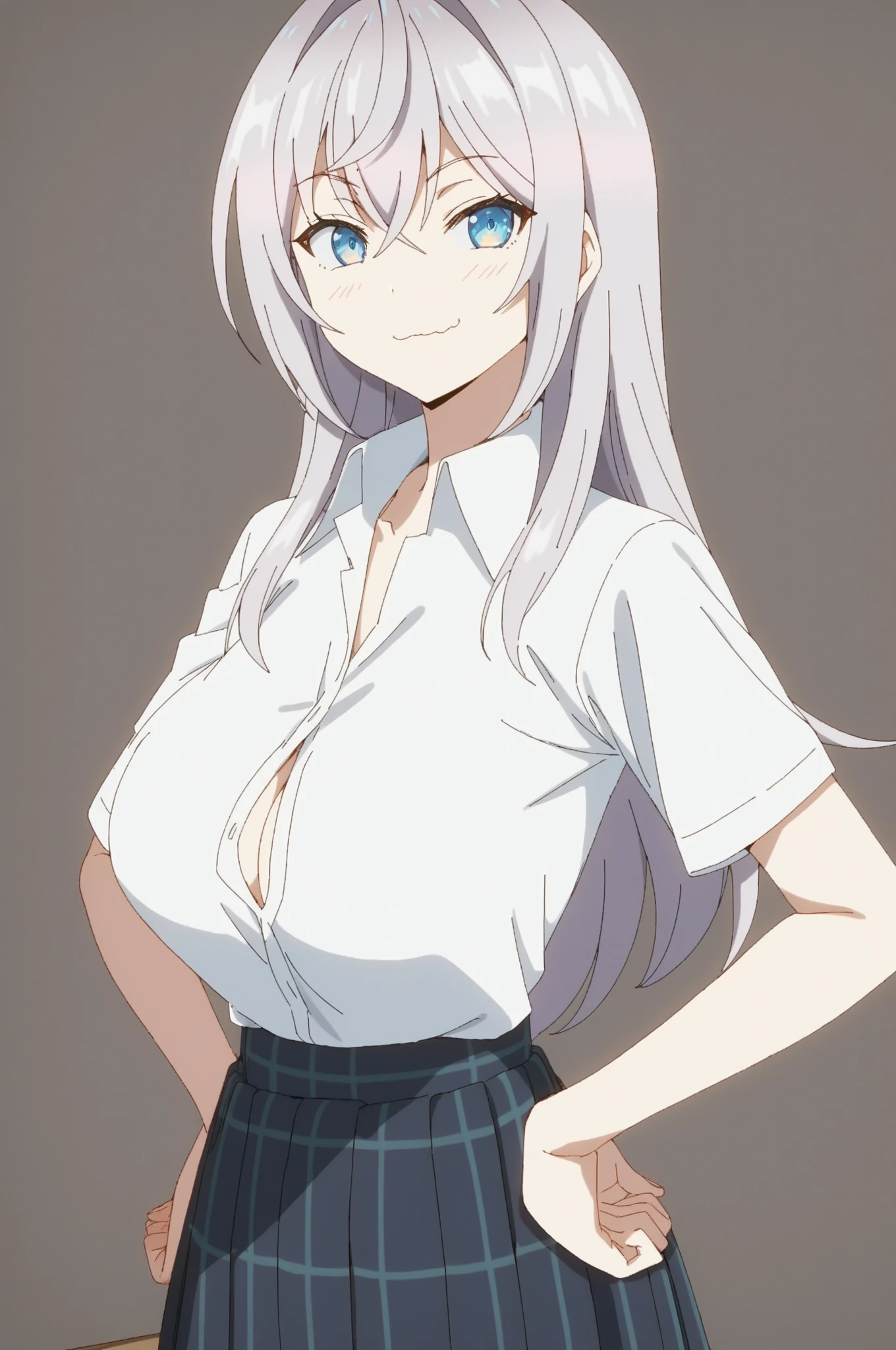 BLANC, PLAYBOY BUNNY, WHITE LEOTARD, SHORT NECKTIE, DETACHED COLLAR, WRIST CUFFS, FISHNETS, FAKE ANIMAL EARS, VERY LONG HAIR, SKINNY, 1girl, solo, upper body, facing viewer, looking at viewer, smile