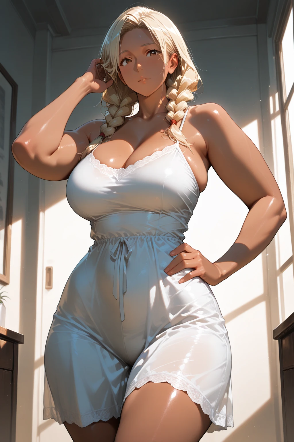 ((best qualtiy)), ((tmasterpiece)), (the detail:1.4), 3D, Hot mom,独奏,(:1.3),thick thight,upper legs,Wide buttock,dent in the skin,Twist braids,blond hairbl,ssmile,cheerfulness,(Erotic lace lingerie:1.2),cparted lips,plumw,gym room,instrument,exposed midriff,protruding areolas,gigantic cleavage breasts,4K,realistic humid skin,Armpits,Large curved hips,Station,Stick out your tongue,Fleshy figure,with perfect legs,Hypertrophic,protruding areolas,Bronzed skin,detailed lips,bubble butt,Dewy,mouth drool,Hungry and thirsty housewives,Wearing sweat,Drink water,teardrop,Dewy,High-density imaging(HighDynamicRange),Ray traching,NVIDIA RTX,Hyper-Resolution,Unreal 5,Subsurface scattering、PBR Texture、post-proces、Anisotropy Filtering、depth of fields、maximum definition and sharpness、Many-Layer Textures、Albedo e mapas Speculares、Surface coloring、Accurate simulation of light-material interactions、perfectly proportions、rendering by octane、Two-colored light、largeaperture、Low ISO、White balance、the rule of thirds、8K raw data、