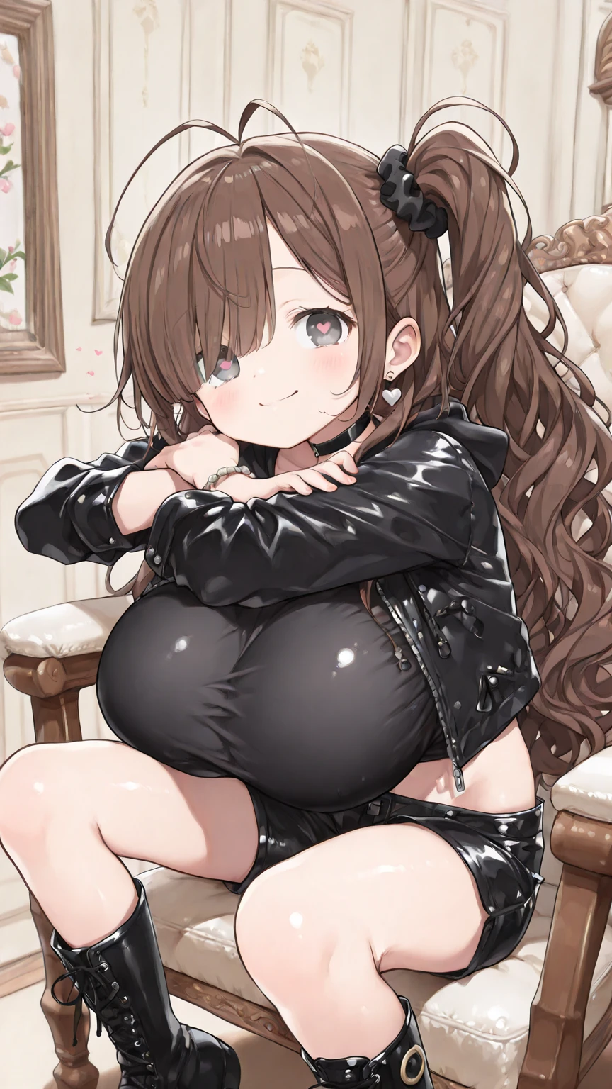 (ultra perfect piece,highres:1.2),ultra-detailed, 1 girl, harmonious finger proportions, shiny skin, evil smile, little girl, arms up, armpits, sweat, steam,arms behind head,squatting,serafuku,thick thigh,covered nipples, (black bodysuit, cleavage cutout:1.2), animal_ears, long_hair, dog_ears, brown_hair, bangs, red_eyes, dog_girl, open_mouth, breasts, blush, hair_between_eyes, very_long_hair