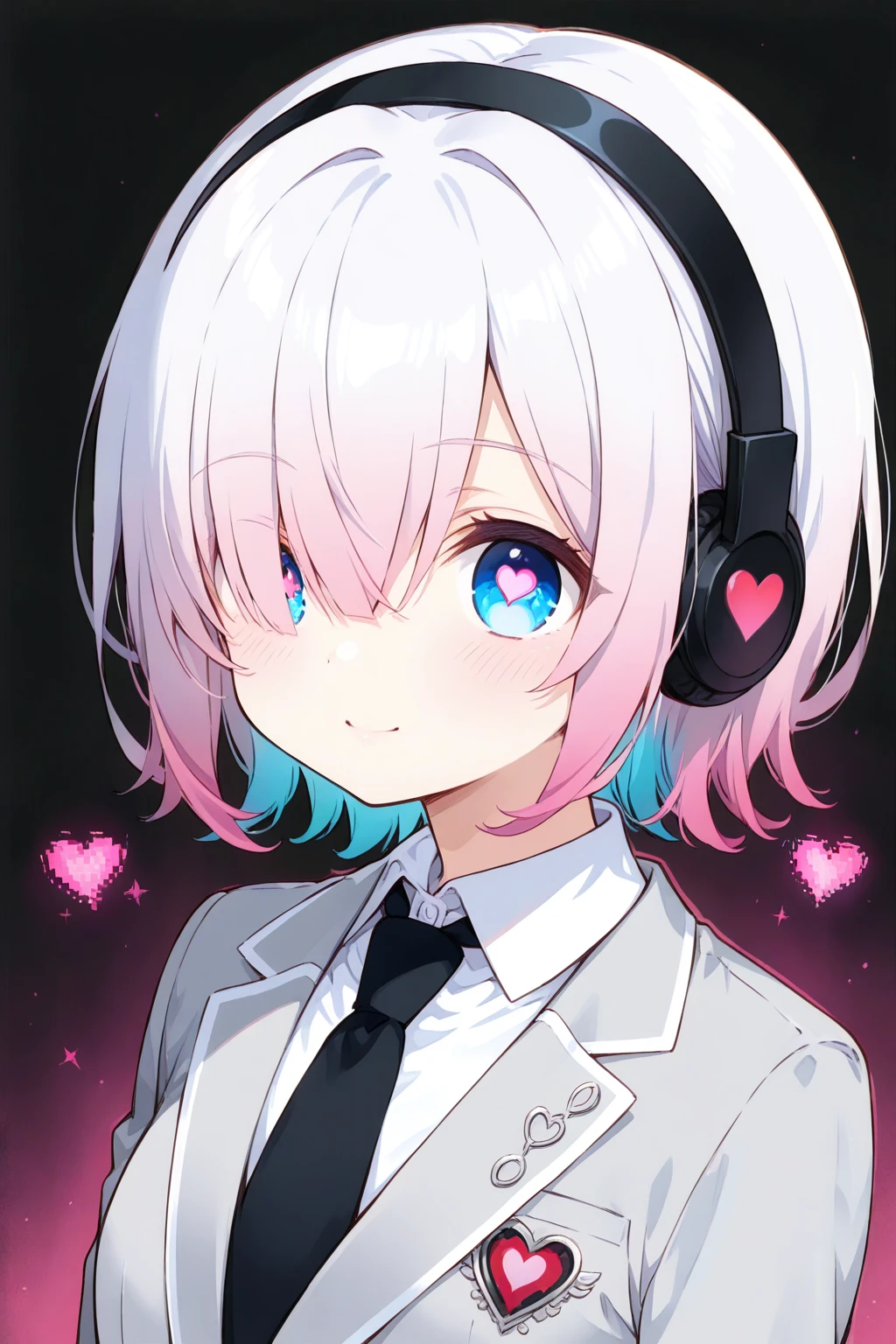 score_9,score_8_up,score_7_up, 1girl, 12 years old, beautiful woman, beautiful face
BREAK
teenage girl, melancholic aura, near-future school uniform, fitted blazer, silver lapels, pink circuitry embroidery, black and silver headphones, pink-to-sky-blue gradient hair, hair covering one eye, loose strands framing face, large expressive anime eyes, digital heart and circuit motifs in eyes