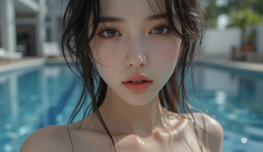 Ulchan-6500-v1.1, (Raw photo:1.2), (Photoreal), beautiful detailed girl, very detailed目と顔, beautiful and fine eyes, huge file size, High resolution, very detailed, highest quality, [masterpiece:1.6], enlightenment, very detailed, cg, finely, highest quality, 8k wallpaper, movie lighting, 1 girl, 17 years old, perfect body shape, big firm chest、【huge tit、heavy chest】、Cute sagging eyes、beautiful big eyes、sweaty and wet、【sexual excitement:1.6】、(the whole body is wet:1.2)、There&#39;s a light in my eyes、short hair、high school girl、(japanese school swimsuit、Navy blue one-piece swimsuit、Navy blue Japanese student swimsuit:1.3)、pool、dynamic pose、giant rim figure