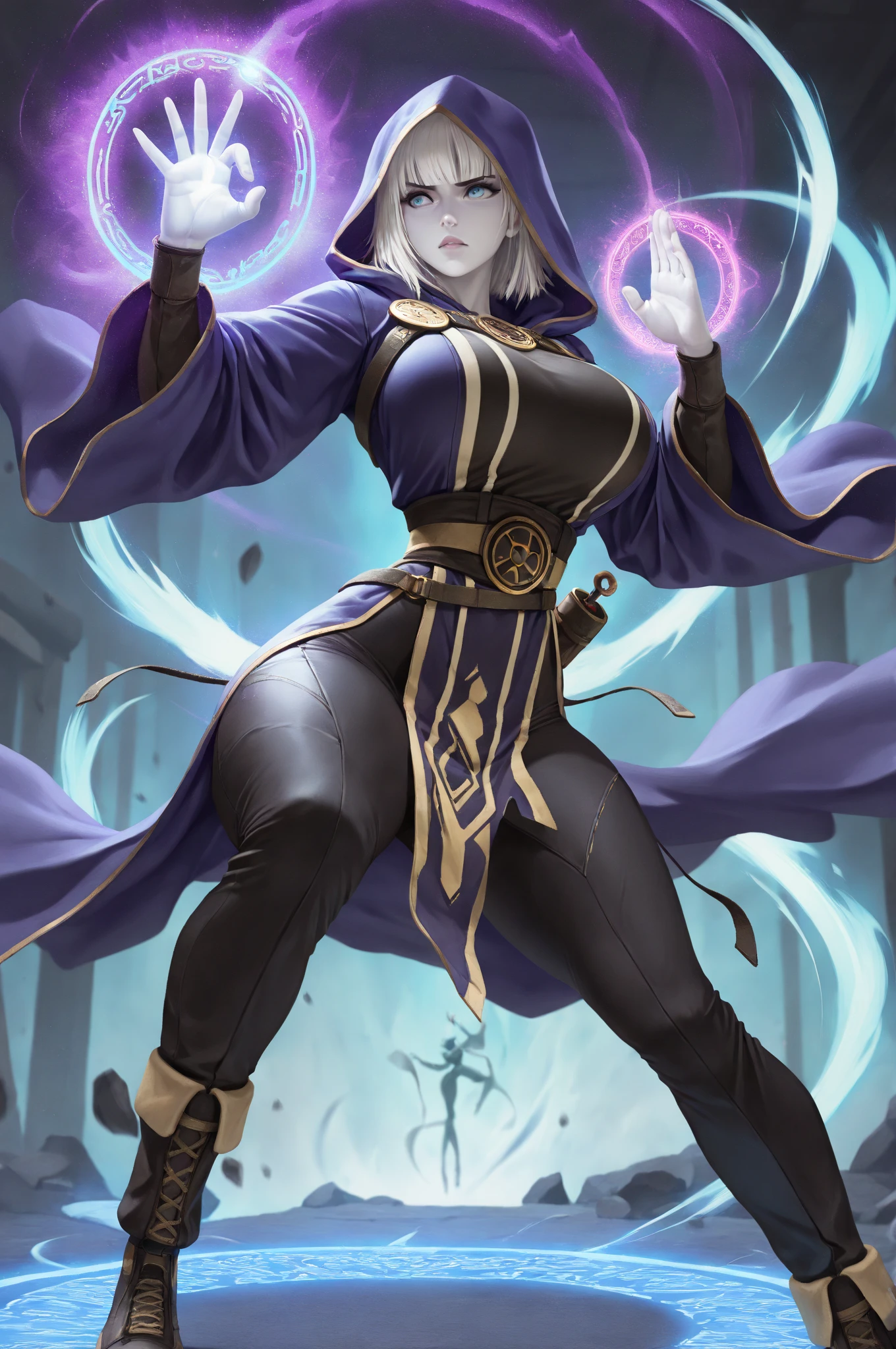 Blonde female magical gnome conservatively dressed in a teal robe with purple and black magic surrounding her