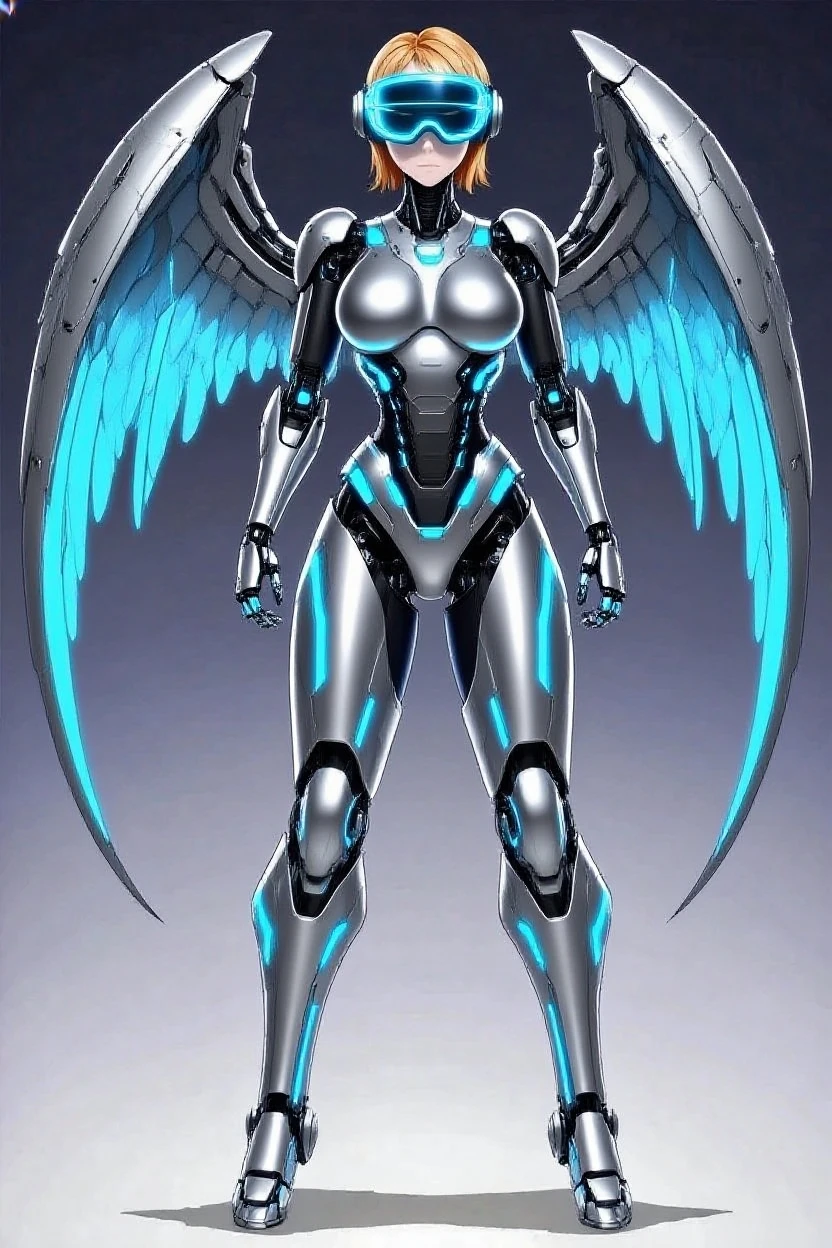 8k ((full body view:1.4)) (large eyes:1.3), defined cheekbones, 1woman, ((the pit style:1.4))((defined jawline:1.2)) ((sleek chrome bodysuit:1.6)) (detailed face:1.5), blue skin,(puffy lips:1.5) (blue skin:1.6), (bald woman:1.7), (skinhead) ((stands confident)),(Muscular:1.3), ((gigantic breasts:1.5)) ((front view:0.6)), )highly detailed, majestic, digital photography, art by artgerm and ruan jia and greg rutkowski, ((metal wings on back:1.4)), (masterpiece, sidelighting, intricate details, black and blue color palette