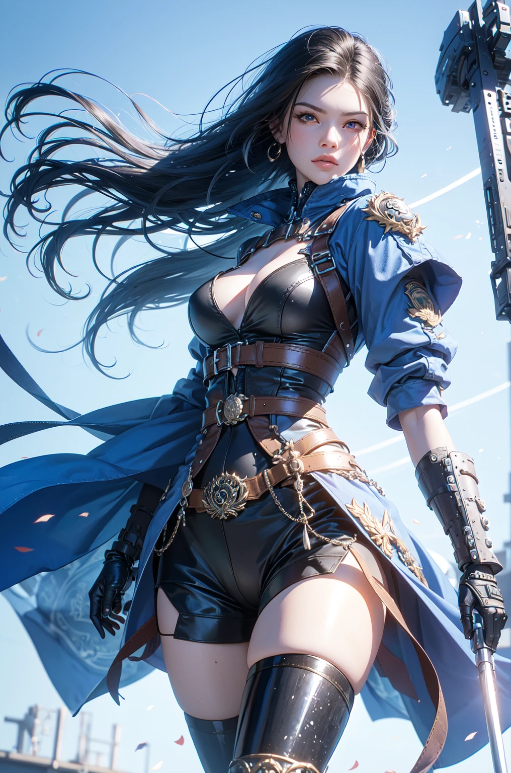 Woman in blue dress and blue tie, blue undergarments, cyan corset, costume with blue accents, upper torso included, Open V chest clothes, upper body avatar, hands behind her body pose!, short torso, mid body portrait, blue corset, wide torso, clear outfit design, inverted triangle body type