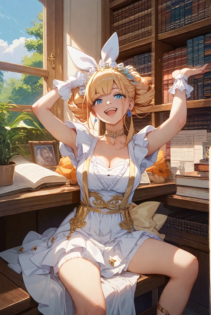 ((Highest quality)), ((masterpiece)), (detailed),  A cute girl with bear ears, going downstream,Giddy Smile,Straddling a chair,Seductive pose,Showcasing cleavage