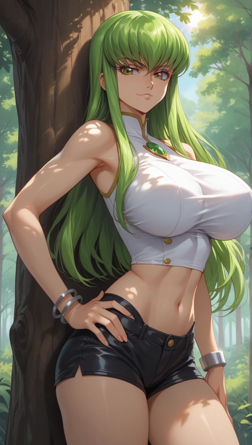 masterpiece, best quality, cheryl, hair over shoulder, single braid, green jacket, long dress, upper body, looking at viewer, smile, forest, trees, sky, sun , huge breasts, ((underboob)), midriff