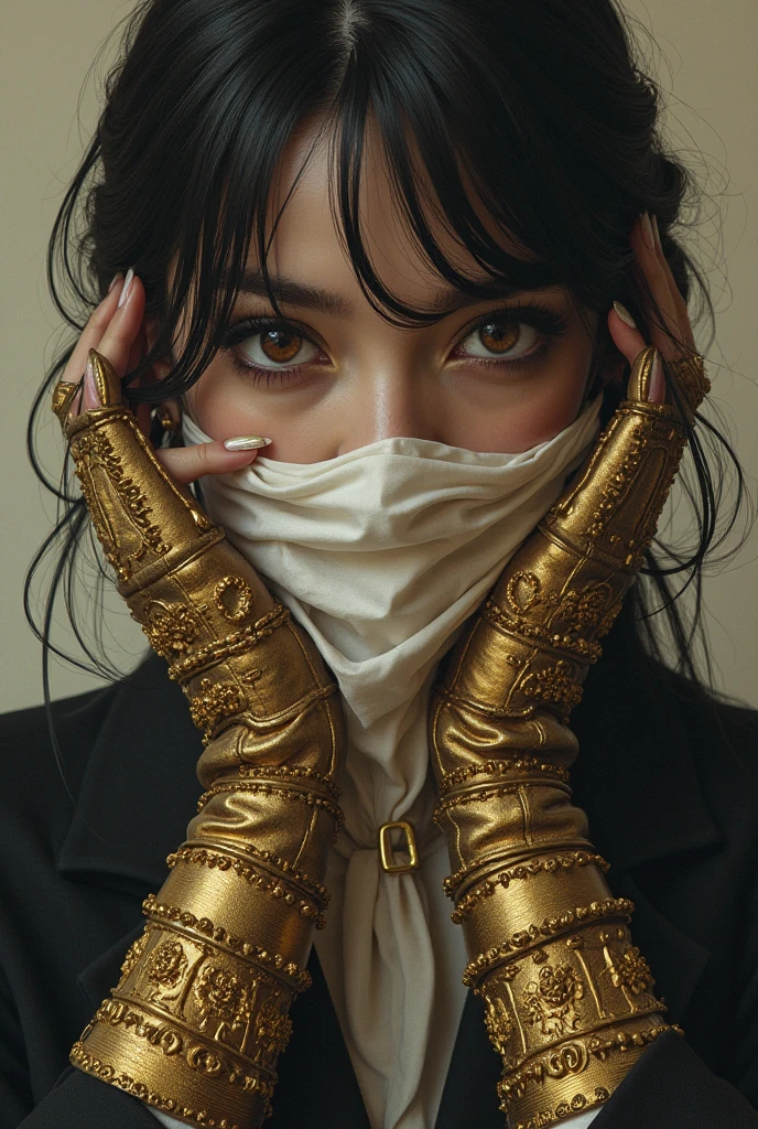 Girl naked in gold body jewelry, Highly Detailed Face and Skin Texture, ((white skin)) big green eyes, slim face, juicy lips, bimbo lips, big puffy breast, breastplates ((afro curly Black hair)), pale skin, Detailed Eyes, Double Eyelids, cyberpunk gold metal jewelry BDSM, gold metal cyberpunk tapes on body, metal Collar, metal gold futuristic tiny Panties t-strings, metal Tiny panties, metal stickini, metal cupless bra, metal clothes, gold body jewelry, wet skin, she is naked. White skin, she is on the futuristic cyberpunk white and Black room in the spacecraft. Ring in the nose.