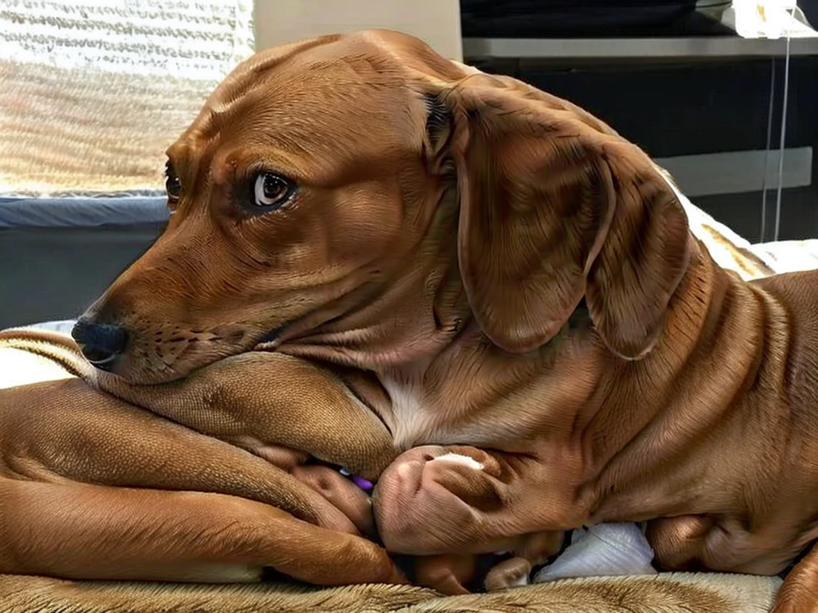 ((Naked Woman on handsand knees)), ((walking on all four paws)), ((long fluffy dog tail)), ((wider hips)), ((woman reposition herself into dog stand)), ((hands turns into paws)), ((feet turns into paws)), ((woman with freckles)), (topless), brown freckles, freckled pale skin, (cute freckles), (small freckles), freckled, freckles!!!, (freckles), elegant freckles, (brown freckles), (with freckles), freckles on chicks, (dark noticeable freckles), (freckled face), (very brown freckles), rosy cheeks with freckles, (a lot of freckles), Lentigines, (breasts showing), 30 year old woman, ((freckled nose)), ((freckled chest)), hard  showing, ((dog ears)) , (dog fur growing) , ((long dog nose)), blue eyes, ((bigger )), ((body reshapes into dog body)), ((anthro dog)), a large brown dog sitting on top of a bed, a hyperrealistic painting, inspired by Elke Vogelsang, zbrush central contest winner, furry art, wearing jeans
