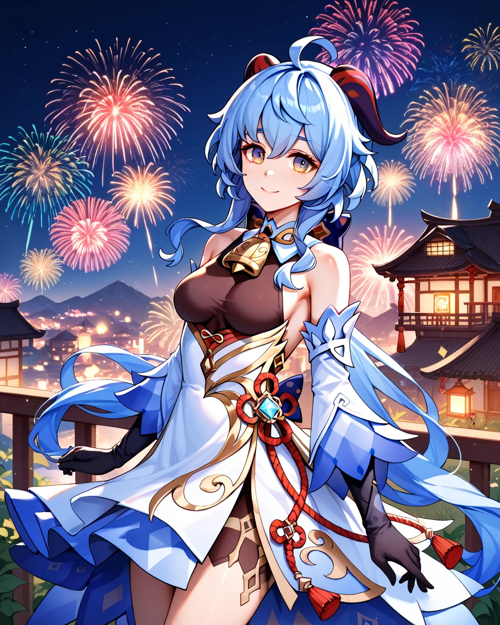 ((top quality, 8k)), (actual), (Face focus: 1.1), employment&#39;s hair is fluttering in the wind, facing sideways, look up at your face, (sleeveless: 1.1),small breasts, fireworks night sky, Detailed fire character