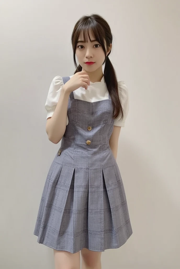 Japanese maid, Mature Woman, ((A little chubby, Round face, About 40)), Wavy black hair with no bangs, Long Hair, Twin ponytail, Flashy makeup, Fuller lips, Sexy Gaze, uniform, ((dressing)), Looking into the camera, Low angle shooting, Cute duck mouth,((Extremely precise and accurate anatomy)), (masterpiece:1.43), Perfect Proportions, Realistic photos, Full Shot, whole body, (height: 146cm), High heels Has two legs,Has two arms、Has two legs, You need two arms))