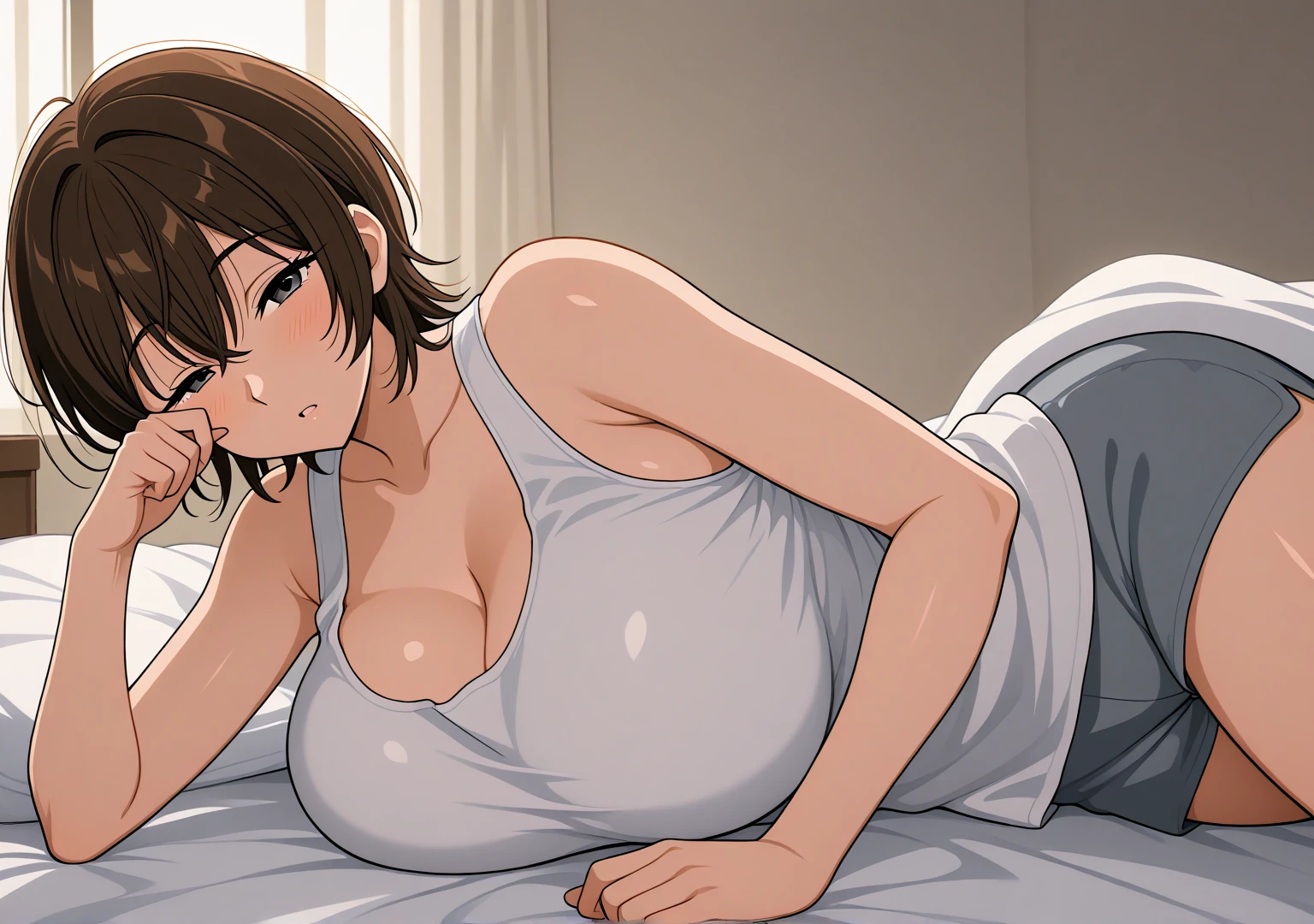 masterpiece, highest quality, High resolution, One girl, 独奏, sexual intercourse, Pornographic images, short hair, etsukoto, brown Eyes, fine grain, fine grain, (((Thick thighs, Plump thighs, Voluptuous thighs, Thighs alone are enough))), Huge and ample breasts, Cleavage, big long breasts, Naughty big,((big breasts are important))、((Naughty thighs)), L Cup, (thin:1.4),(Tight waist:1.4), (yellow dress:1.4),((waist apron)), white panty, (((Simple Background))), ((Wide Hips)), Shiny, Oily skin, Mature mother, Calf, Seductive mature woman, milf, Perfect body, Plus Size Model, curvy, ample, etsukoto, blush, clavicle, retro artstyle, 1990s (style), (thick thighs:1.4), (((nsfwal Sleeping carelessly, lying on bed))), firm breasts, nsfw, spread legs, ((((cum in pussy, A lot of semen)))), ((from below)),
