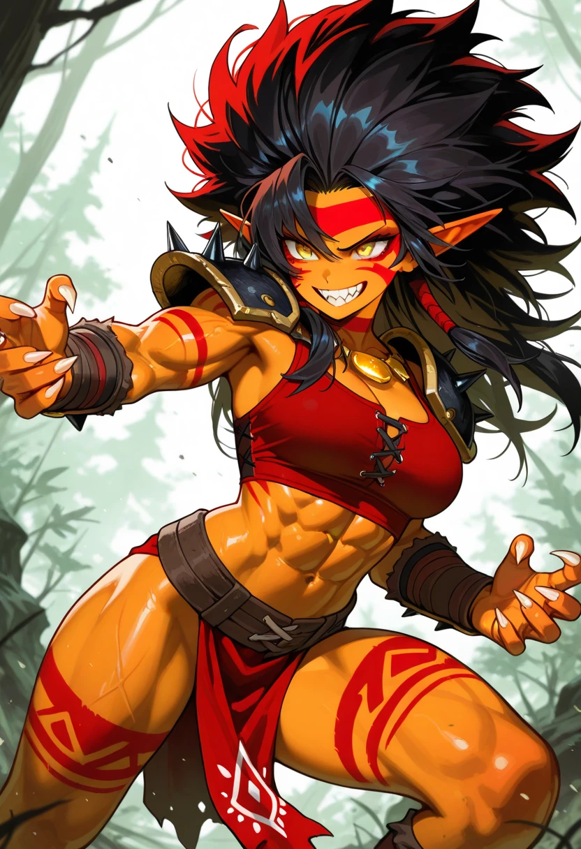 Muscular tiefling girl, kimono wearing only one arm, curled horns, red skin, abs, tattoos on the skin, orange eyes, forked tongue, large breasts covered by Shitaobi