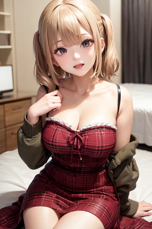 (table top: 1.3), (maximum resolution: 1.2), (Ultra HDTV: 1.2), cinematic light, Ultra HDTV, (fine eyes and skin), (detailed facial features), nffsw, 8K resolution, sharp focus: 1.2, perfect style, beautiful face, perfect body, Accurate, anatomically correct, Highly detailed face and skin texture, fine eyes, dark blue eyes, double eyelid, thin eyebrows, glitter eyeliner: 1.2, natural cheeks, Glossy skin, Fair skin: 1.2, small shiny necklace and earrings, (glossy lips: 1.4), break, one person&#39;perspective, (enchanting smile: 1.2), ((innocent and cute girl:1.3)), (blonde hair)、wavy hair、short cut hair、 (cowboy shot: 1.2), break, ((very close relationship: 1.2)), big breasts, ((looking at the viewer:1.2)), on the hotel bed、 ((Bend your knees and spread your legs wide:1.2)), (From the side:1.2),low angle shot,First night、I want to have sex、Seduce、greedy、provocative look、pink nipples、plaid pleated skirt、Sit on my hip and face me