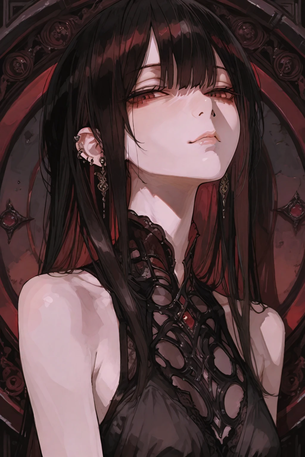 a male character with dark black hair, white eyes so deep that their pupils barely show, more delicate tattoos on the body like flowers and roses, wear clothes in light tones that resemble a rosary or a rose garden, your face has unique thicker and more serious features, has a calm and serious appearance