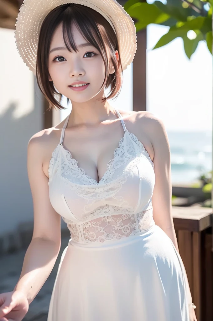 A beautiful and hot almost chubby mature woman.who is wearing a patterned short dress and is and standing in the resort. A smiling face、Sexy woman、A radiant smile、adorable、race、Frills、Colorful design、Full-length mirror、An inviting gaze、Gorgeous long and beautiful hairstyle、variation Hairstyle、Open neck blouse、Flower Garden、Sparkling、elegant princess、Highest quality、detailed、flower、Accessor、necklace、Cowboy Shot、16K、Beautiful eyes、solo, smile, Anatomically correct, High detail