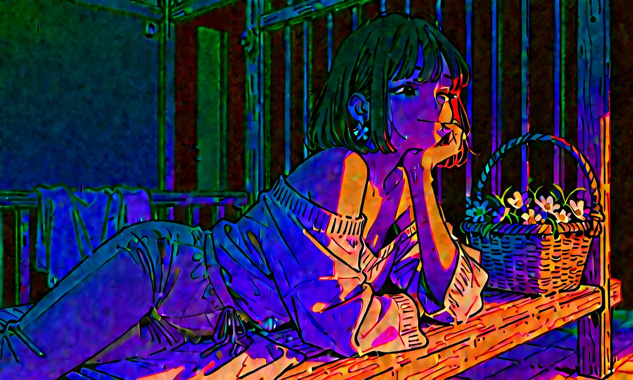 Latina teenage girl with red eyes, black dyied green hair, short and curly, wearing British , living in a cottage, tan body color, small, small breasts, slim. Anime style.