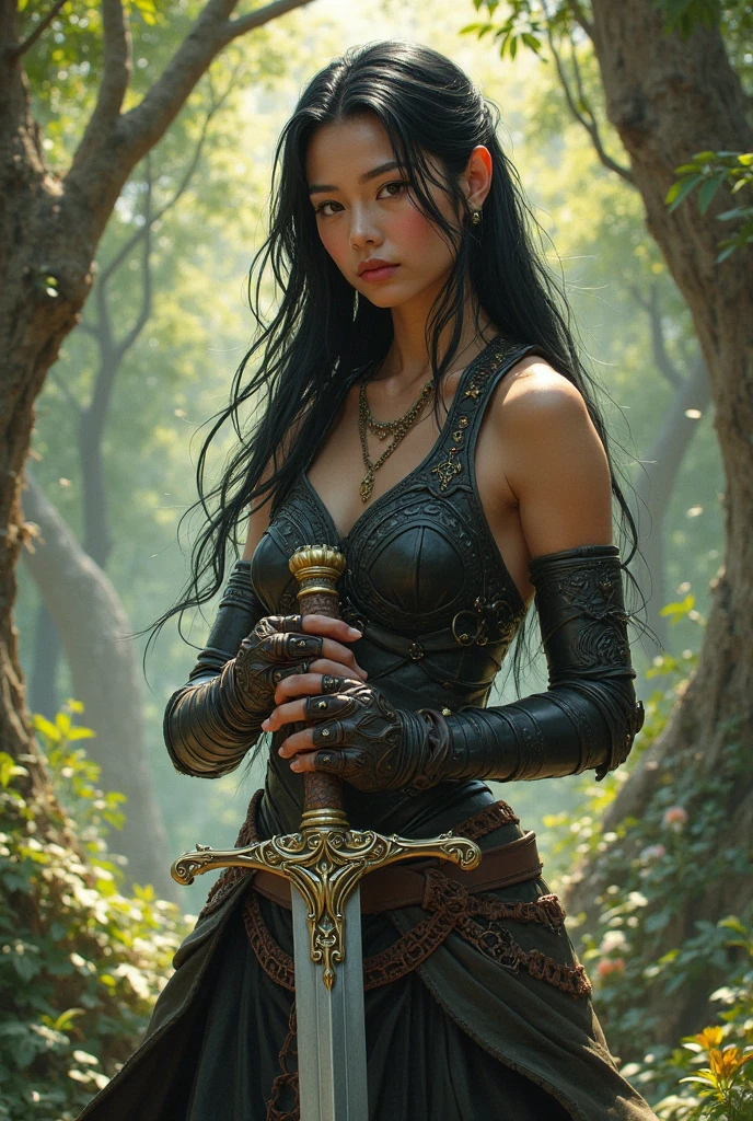 A girl of 5.8 feet long black hair Indian. In a warrior dress holding a sword. Change that dress. Don't make her Indian princess