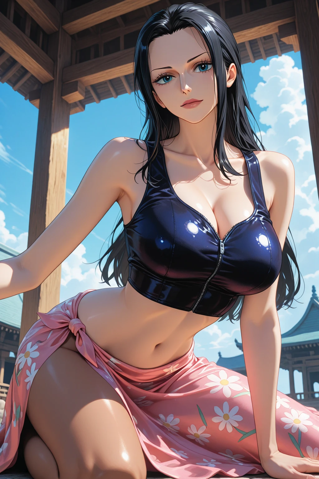 (((masterpiece+best quality+high resolution+ultra-detailed))), nico_robin, long silky black hair, high nose, sharp eyes, noble and inviolable temperament, (([female]: 1.2 + [beauty]: 1.2 + black long hair: 1.2)), pyramid background, collared jacket, crop top, midriff, navel, sarong, short sleeves, eyewear on head, hair slicked back, plunging neckline, cowboy shot, bright eyes, dynamic angle and posture.