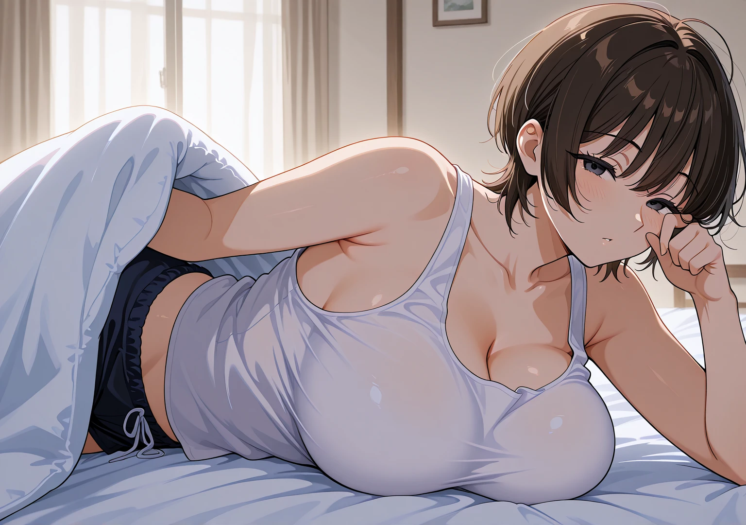 score_9, score_8_up, score_7_up, score_6_up, source anime, 1girl, pijama, breast, nipples, eyes wide open, seductive, short hair, brown hair, one bra on bed, one panties on bed, bra lift, pov, penis, sex, orgasm, squirting, pussy, bedroom, bedside table, makeup table, wardrobe, bookshelf, one flower vase, window, window blinds