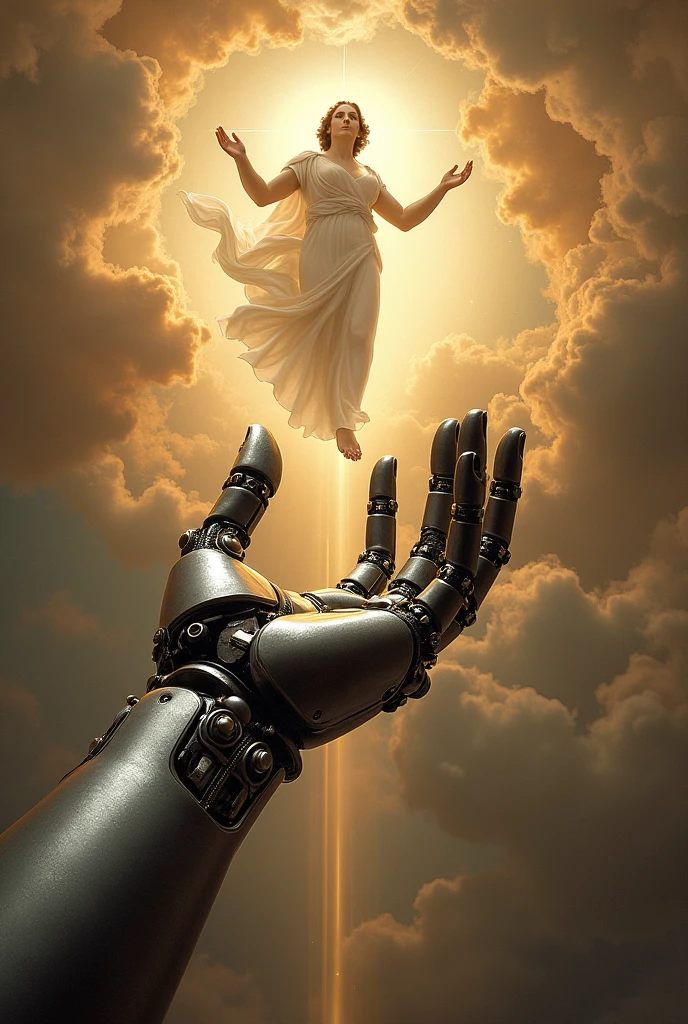 creation of adam painting, android touching gods finger, 8k wallpaper, photograph, android reaching up to god, god at top right of photo, fingers touching