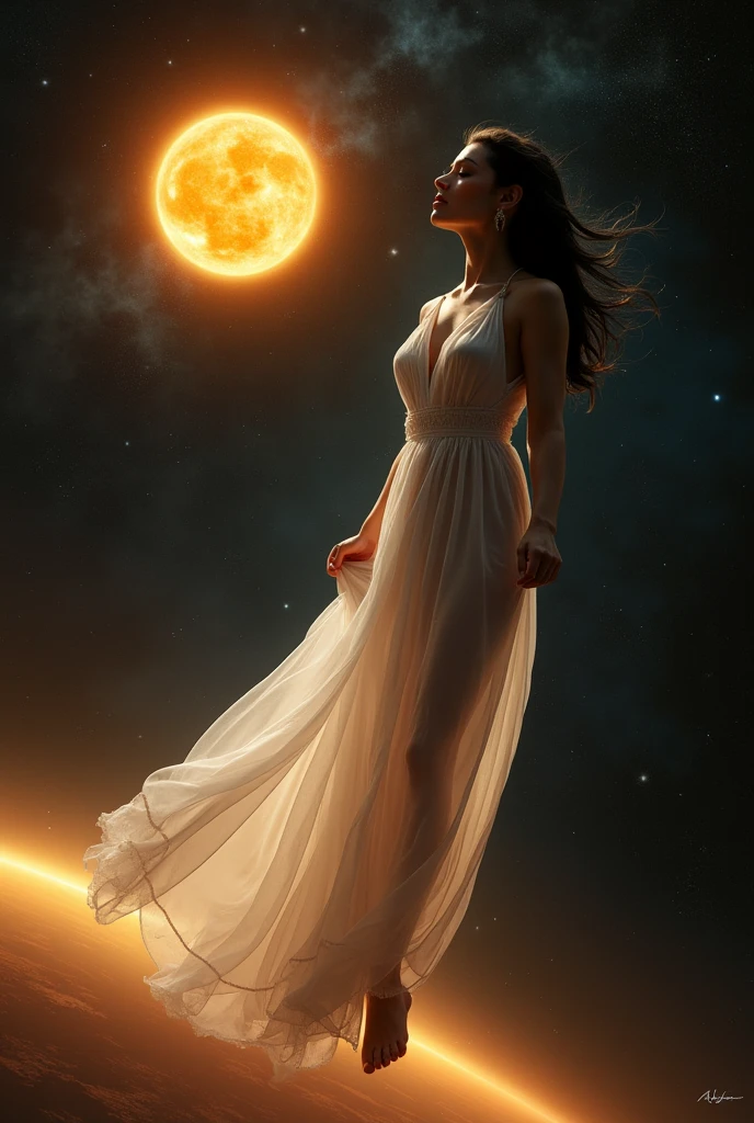 (A serene and powerful goddess:1.4), (((embodying the balance of yin and yang:1.5))), (half of her form bathed in soft, cool moonlight:1.2), (the other half glowing with warm, golden sunlight:1.4), (((long, flowing hair blending black and white strands:1.5))), (((elegant robes with intricate patterns representing both darkness and light:1.5))), (floating gently above a calm, reflective pool:1.4), (((one hand holding a glowing orb of yin energy:1.5))), (the other holding an orb of yang energy:ntle smile on her face symbolizing harmony:1.4), (surrounded by swirling elements of fire and water, earth and air:1.4), (((background of a tranquil, twilight sky merging day and night:1.4))), (delicate and highly detailed facial features:1.4), (symbolic imagery of balance and duality woven into her attire:1.4), (soft, ethereal light illuminating her form:1.3), (highly detailed and balanced composition:1.4), (surreal, dreamlike atmosphere:1.3), (vibrant and harmonious color palette:1.4)