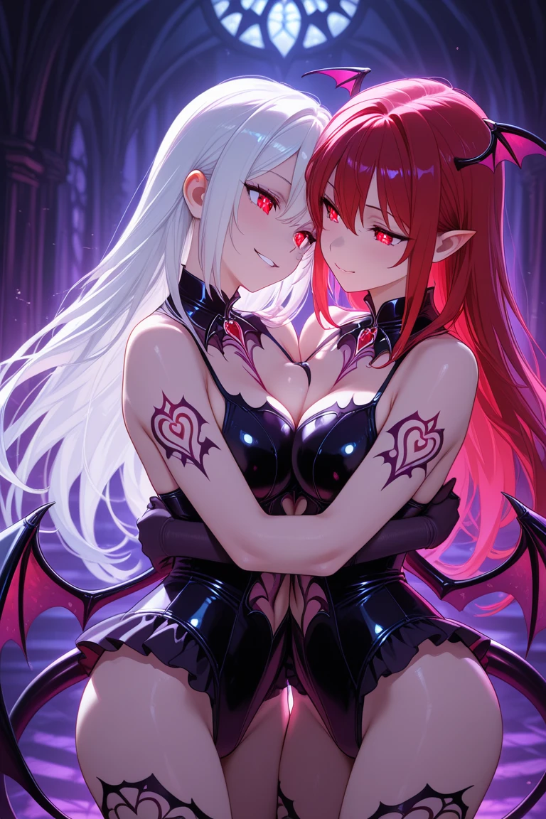 core_9, score_8_up, score_7_up, source_anime, duo, gynomorph/femail, dominant gynomorph,humanoid/human, human on anthro, interspecies, big dom small sub, height difference, age difference, yuri, kiss, hug, gynomorph penetrating, vagina penetration, (blue skin:1.3) horn, Large bat-like wings, Spade Tail, Succubus, devil, seducer, (Large Breasts:1.3) Wide Hips, large penis, black armor, mature, larger female, white hair, very long hair, red eyes, bottomless female, girly, white skin, , smaller female, pink hair, long hair, twin drills, dark red dress, bottomless female