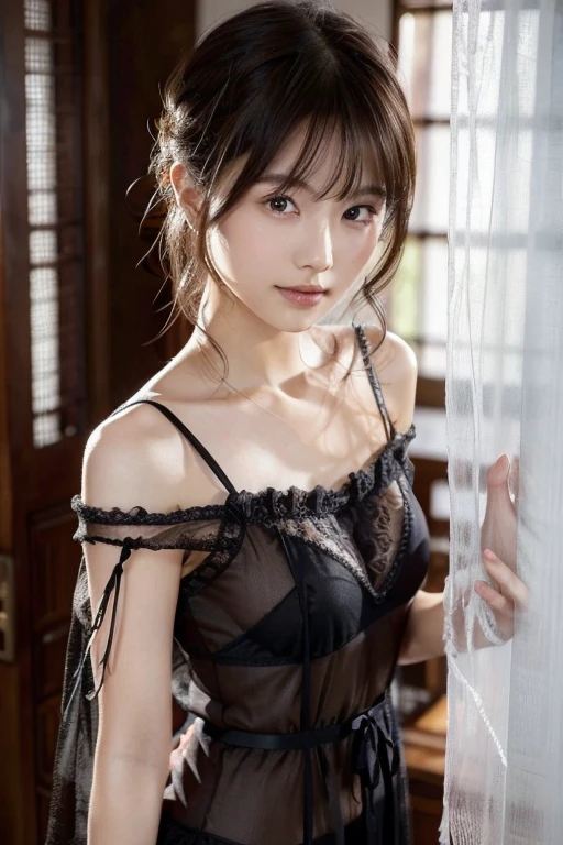 ((Highest quality)), ((masterpiece)), (detailed), One girl, sexy, 18 years old、Japanese、((flat chest:1.2)、可愛いJapanese、A bow tie、((nipple))、frilled panties、Perfect Face、(( pretty eyes)) 、Idol-like face、living、micro mini skirt、((glistening eyes )),((large eyes))、Japanese、Brown eyes