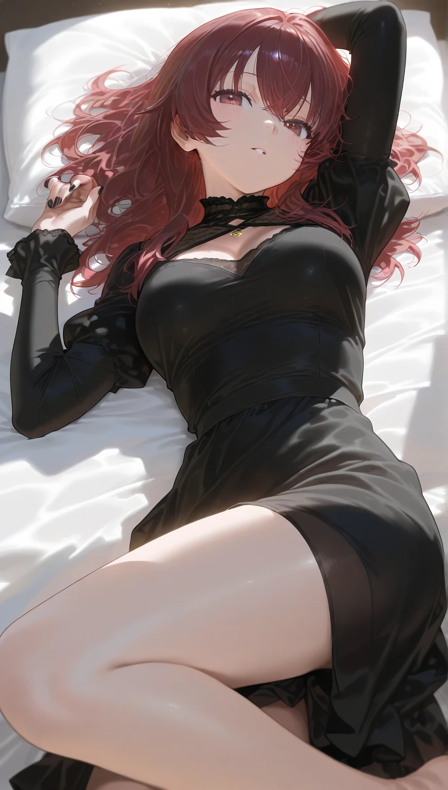 Very delicate and beautiful girl,8k wallpaper,masterpiece,Dann tudainoola,bedroom,1 girl,Solitary,devil&#39;horn,devil girl,long hair,,(((Large Breasts、Breast sagging、Low-cut，Cleavage ，Wide hips,)))((Long legs)),Hourglass figure)),(OL clothes),((Pantyhose)),Pump,Necklace,((Pencil Skirt)),(Sitting on the bed),Looking at the audience、Photo below、((Sit cross-legged))、((Business suit))、((mini skirt))