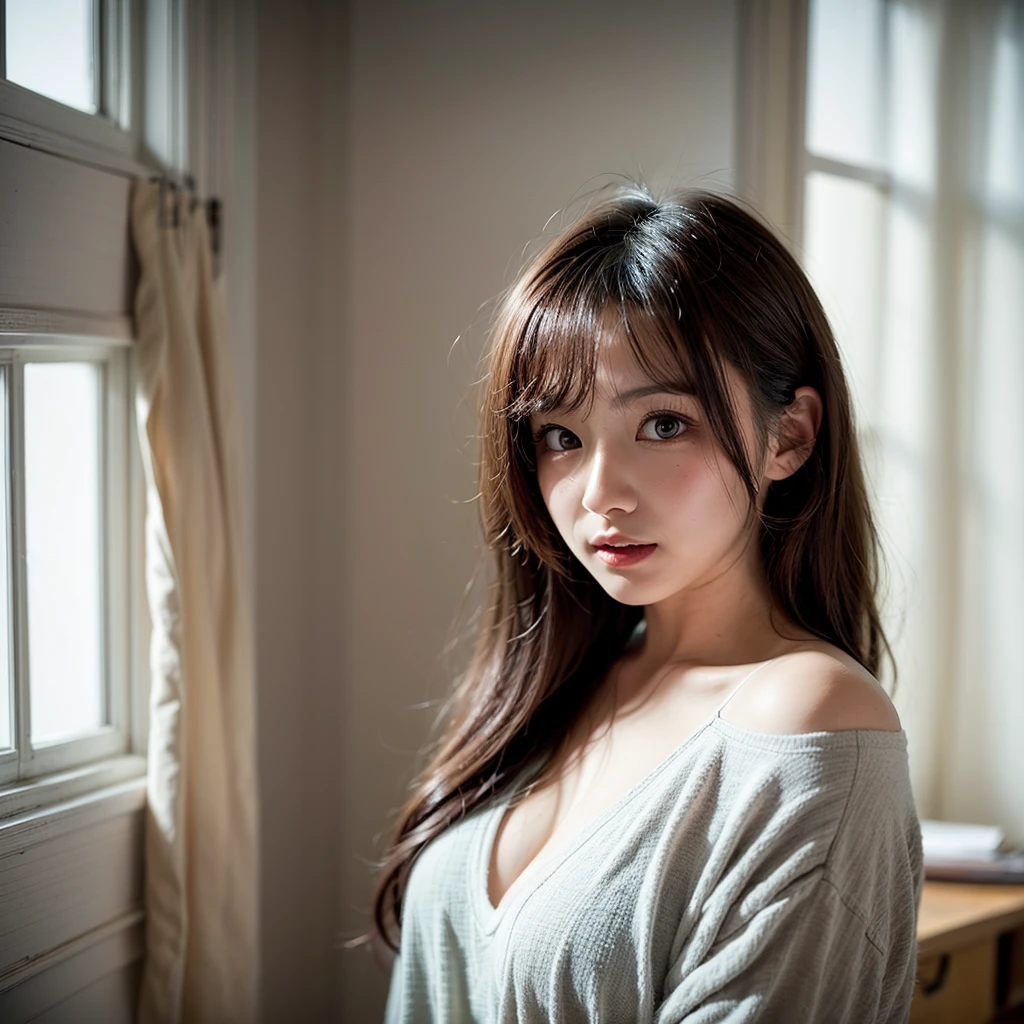 top-quality、masterpiece、hight resolution、1girl、s Pajamas、hairaccessories、a necklace、jewely、beautiful countenance、On the body、Tyndall effect、realisitic、bedroom、Edge Lighting、Two-tone lighting、(highdetailskin: 1.2) 、8k UHD、Digital SLR、softlight、hightquality、volumatic light、Frankness、a picture、hight resolution、4k、8k、Background blur、
