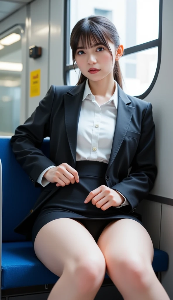 (Super beautiful)、(beauitful face:1.5)、japanes、Officelady、(A detailed face:1.3)、(A detailed eye)、(Detailed lips)、(Detail nose)、(Clear pubic contours:1.1),(Spread your legs:1.1)、(Showing white panties:1.1)、(Dark gray business suit)、(Tailored jacket)、(a miniskirt:1.3)、(shirt with collar)、(bags:1.1)、(I have a mobile phone:1.1)、high-heels、(Blue Seats in the Subway)、(Bare legs)、(At SFW:1.1)