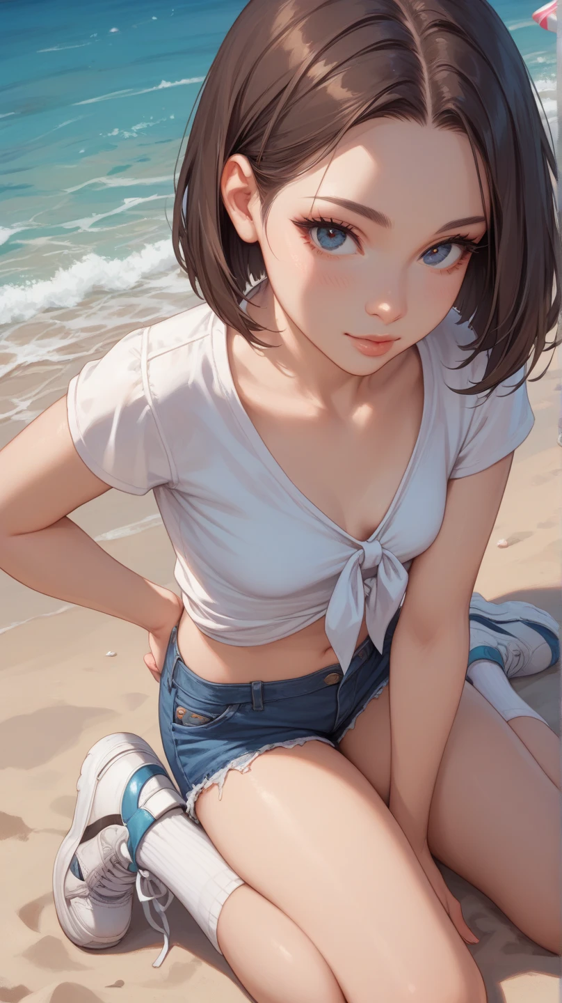 Ochako en un seul morceau, Anime, visage parfait, corps parfait, crop top et culotte sexy, cheveux brun, cheveux longs, beach background, joli visage, yeux amoureux, gros seins