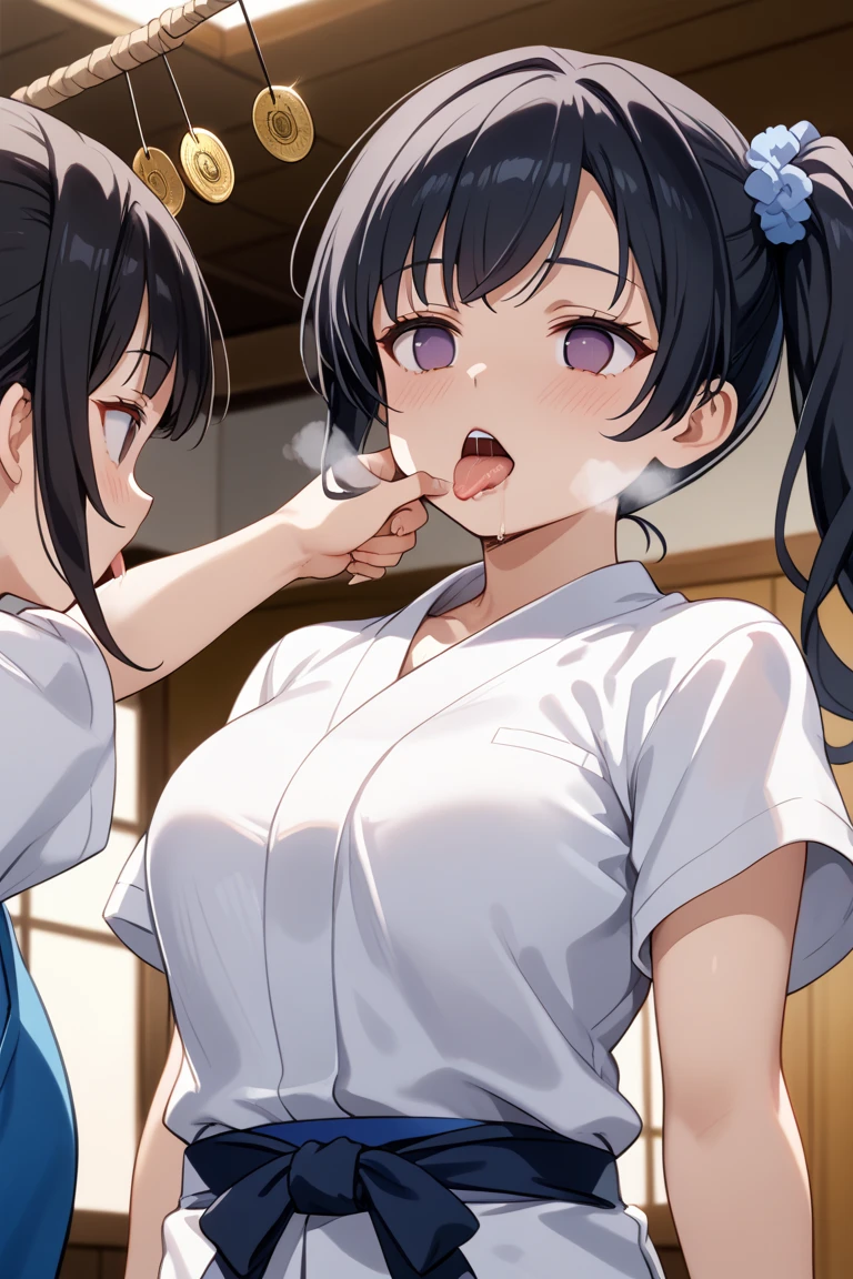 attractive mature lady,55-year-old,　Anime Style、blush、Mouth open、sexy、Sweat、White Breath、trembling with sexual climax、tears、White of the eyes、Ahegao、Cleavage、Big Breasts、Eyes facing upwards、Black Hair、ponytail、Dark purple eyes、Small eyes、apron、Nasolabial folds、Broad shoulders