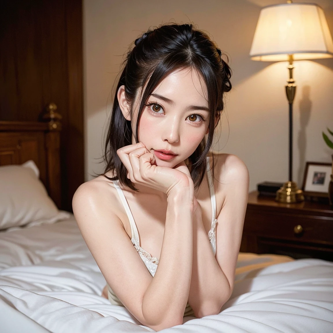 Master quality, highest quality, best picture quality, exaggerated details, a cute 8 year old asian little girl with a shy expression, slightly squinted eyes, adjusting her hair, long eyelashes (long hair / very, very exaggerated big breasts, big tits / in petticoat dress tissue, ), posing bed in front of the camera, wet breast hanfu open v chest clothes, full body xianxia, high heel diamond, erotic
