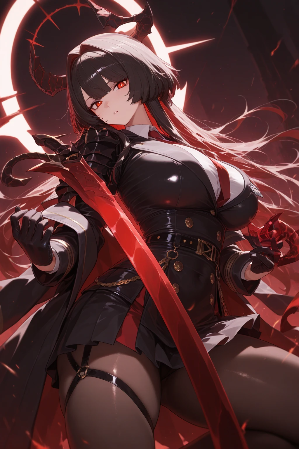 (extremely detailed CG unity 8k wallpaper, masterpiece, best quality, ultra-detailed, best shadow), beautiful detailed glow, cowboy shot, (beautiful detailed face, beautiful detailed eyes), intense eyes, red crimson eyes, looking at viewer, serious face, closed mouth, samurai shirt, black shirt, short skirt, bare shoulders, fingerless gloves, red earrings, thighs, black cotton shocks, big breast, sexy, katana, weapon, black hair, very long hair, floating hair, red hairband, bangs, black background, rose petals flying, rose print, backlighting, light particles, dynamic pose, five fingers, cinematic