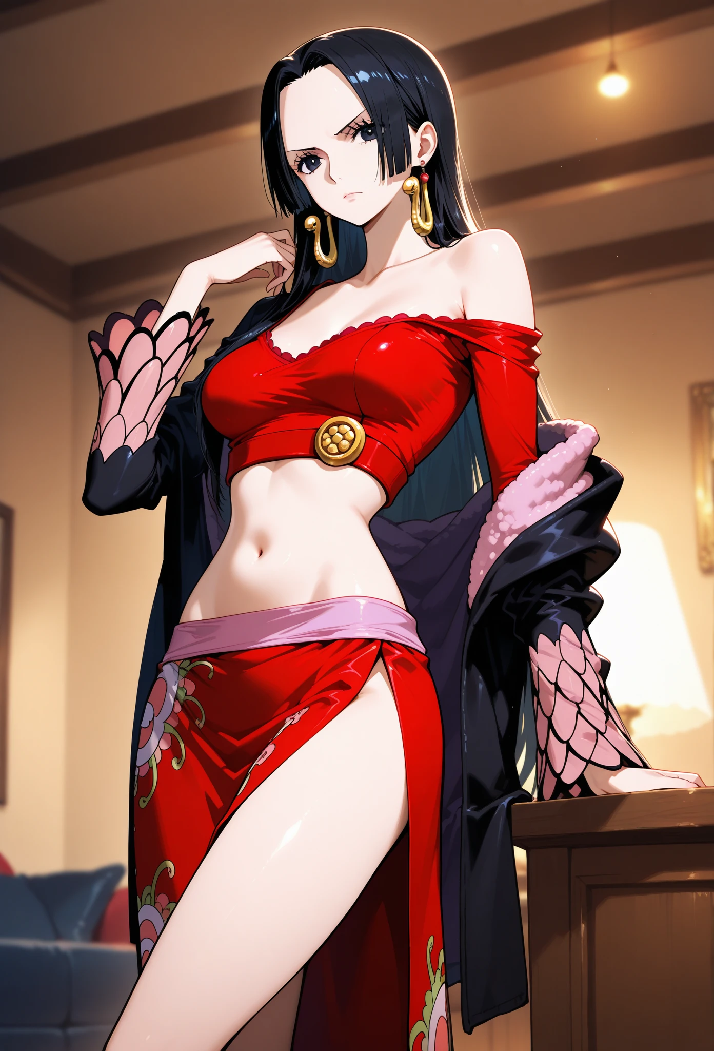 Tall long haired woman in black cape and red clothes with straw hat