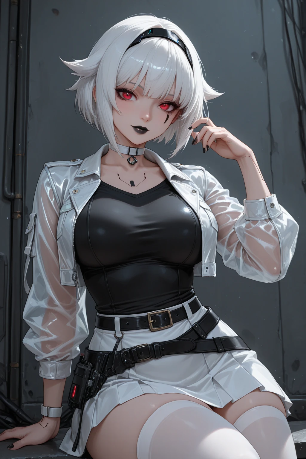 1 sexy female character, Kaneki Fem, unbuttoned hoodie, dripping rain, Red and black and white color palette, detailed eyes and face, One, heterochromia, Black background, bang, red eyes black sclera, blue eyes normal sclera, black and white long hair, Menacing aura, dark atmosphere, mysterious atmosphere, Intense expression, urban setting, Smoke and shadows, haunting presence, stylish and edgy, ray tracing, perfect combination of light and dark, gaze, Captivating presence, smooth and sharp, Contrast of red and black, ((supernatural abilities suggested)), Rain-drenched streets, atmosphere of danger, Mysterious personality, urban gothic aesthetic, Stormy weather, exciting and alluring, shade of blood red, smoky streets, thoughtful protagonist, stormy skies,(unbutton your pants),(Open the bottom zipper), (Best quality, 8K, A high resolution)