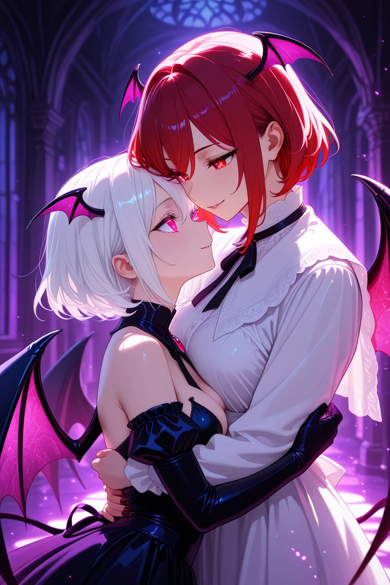 8K,  boy and girl, petit, teen, kawaii vampire, crimson hair, short hair, red eyes, bat wings, smile, (blush), (shy), fang, pointed ears, looking at viewer,  dynamic angle, wind, game cg, fantastic scenery, demon tail, thin tail, black horns, medium breast, latex, kissing, sexy, dating 