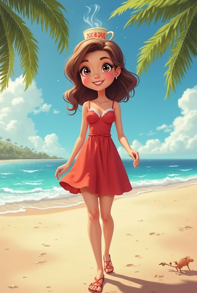 An 18-year-old Brazilian girl from Rio, small, with a fragile and extremely attractive appearance with brown skin, medium length 3C curly black hair, black eyes and delicate curves. 1,66cm and 50kg, hourglass body, some light scars on the wrists and a beauty spot below the right eye. wearing red clothes, short school girl skirt and the character Sailor Moon's odango bun hairstyle and Sailor Moon's aesthetic style with a Carioca inspiration. A realistic image.