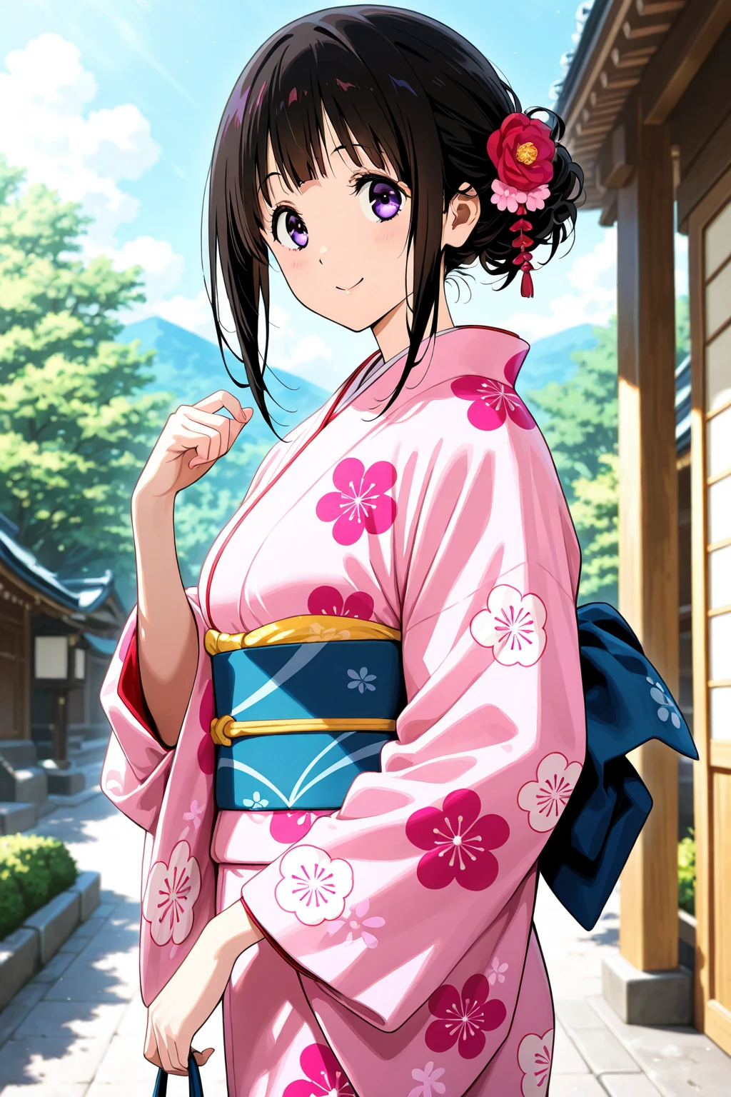 cloud, 1girl, day, sky, japanese clothes, kimono, blue sky, solo, cloudy sky, pink kimono, tree, very long hair, big hair, sash, obi, mountain, outdoors, long ponytail, high ponytail, pink bow, bow, black hair, cherry blossoms, condensation trail, standing, very long hair, bush, long sleeves, ocean, floral print, hair bow, sunbeam, sun, sunlight, parted lips, smile, cleavage, pound, water, wet clothes, wet, looking at viewer, from side, from above, OmaHimaStyle, <lora:OmaHimaStyle:0.65>,