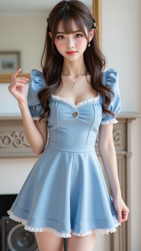 (best quality,4k,8k,highres,masterpiece:1.2),ultra-detailed,realistic,  girl, long curly black hair, hair bow, bangs, beautiful detailed eyes, beautiful detailed lips, smiling, pale skin, small nose, narrow waist, large breasts, blue sun dress, white lace trim, (steel slave collar), outdoors, vibrant colors, soft lighting, full length picture
