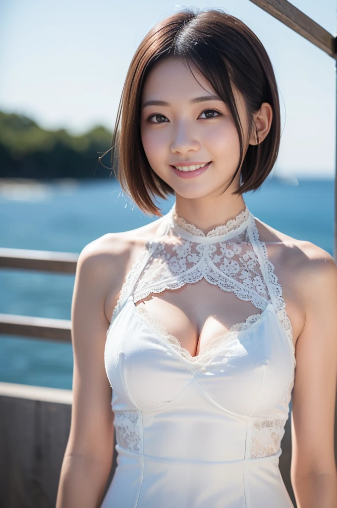 (masutepiece, top-quality、The ultra -The high-definition、Very attractive beauty、Add intense highlights to the eyes、Look firmly at the camera:1.4、Absolutely beautiful bangs:1.4、Brunette's short bob hair with bangs:1.4),1girl in, 独奏, A dark-haired, scarf, Hats,, realisitic, looking at the viewers, black eyes of light color, shorth hair, s lips, lipgloss, The upper part of the body、big eye、Lashes)、((Waterside background、Hyperreal Stick:1.4))、((Shorthair with bangs:1.4、Beautiful bangs with 46 points:1.4、{Gigantic|Big|Huge|Mega} breasts, cleavage、big eye、Put very strong highlights in your students、very Bigger breasts、gazing at viewer、Very beautiful beauty、Put your ears out、long neck、little smiling、Beautiful teeth、Open your mouth and smile))、28 year old、Very cute supermodel