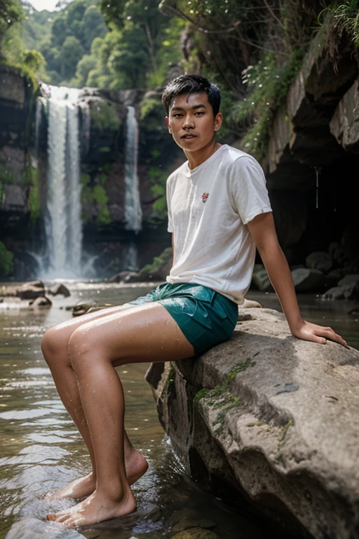 A 16 years old handsome boy in a waterfall realistic image