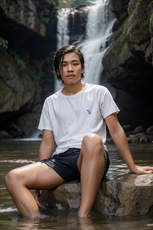 young man ,Thai person, ,handsome, Wear tiger print underwear  , tall and thin , stand and watch everything.. , There is a waterfall.., There are trees.. 