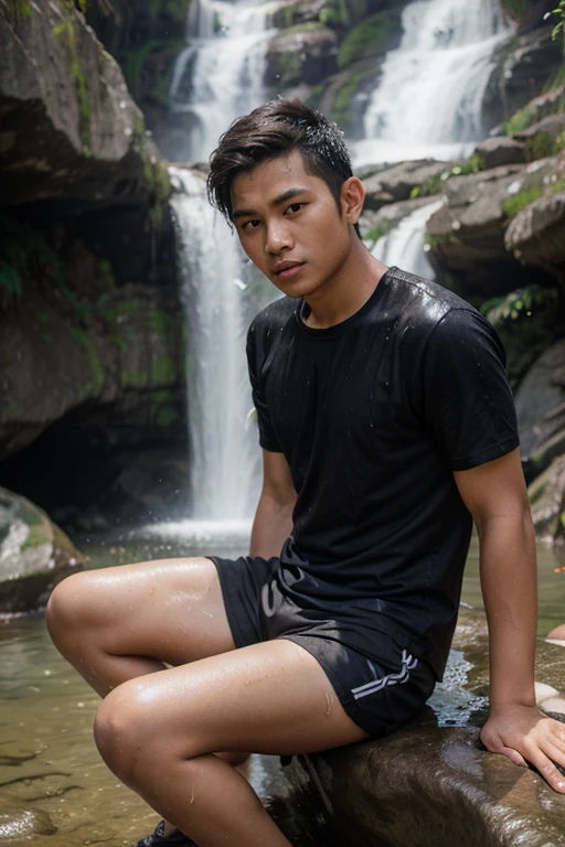 young man ,Thai person, ,handsome, Wear tiger print underwear  , tall and thin , stand and watch everything.. , There is a waterfall.., There are trees.. 
