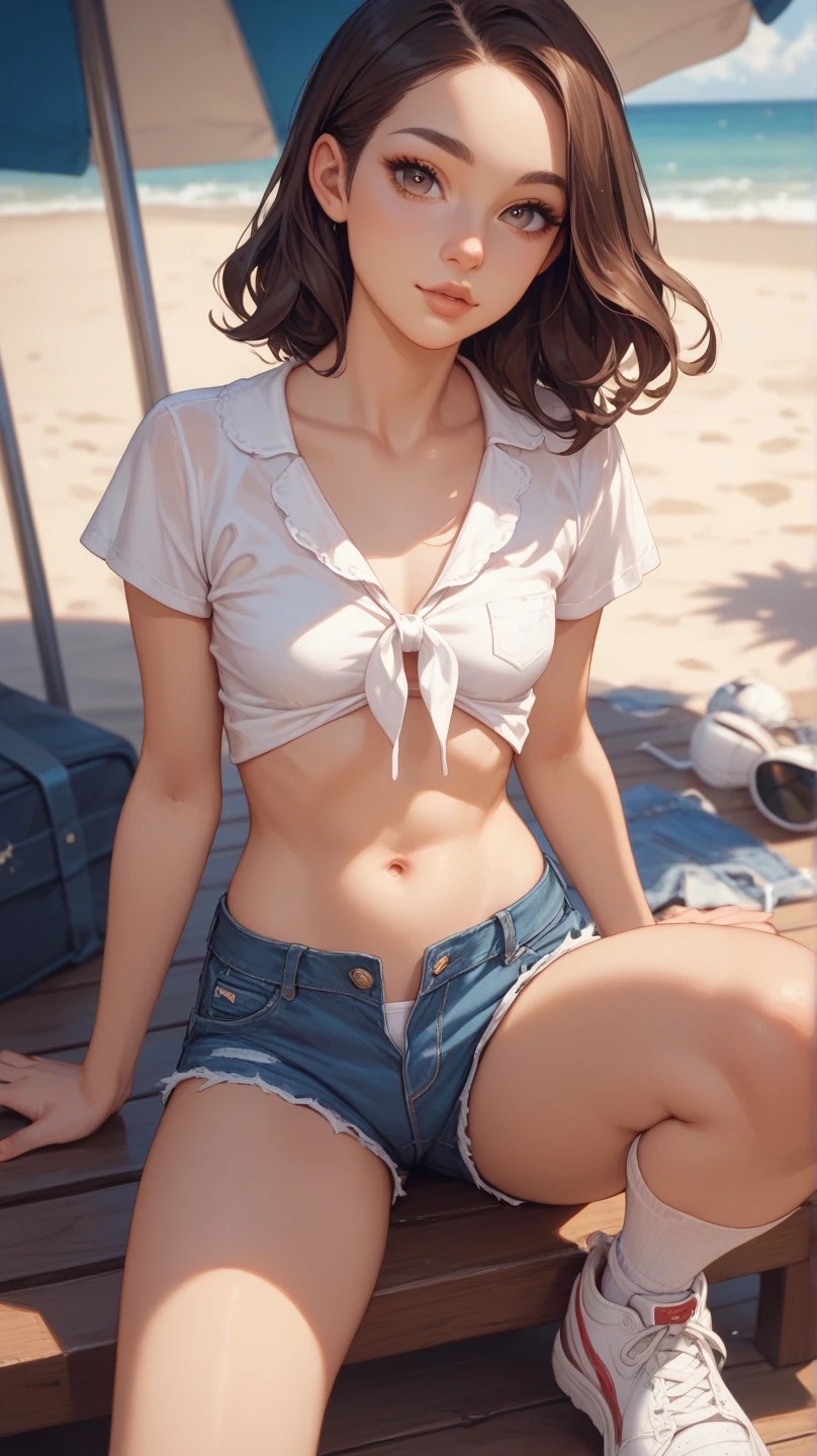 (reality: 1.4),highest quality, masterpiece, Attention to detail, 16K quality, beautiful, 1 beautiful girl,Japanese,super beautiful face,Baby Face,Japanese idol face,Cute face,Highly detailed face,Detailed hand,beautiful skin,Oily skin,Big eyes,Professional Lighting,Medium Hair,Black Hair,brown beautiful eyes, Sit and keep up,Big smile,Spread your legs,(Skirt flip),Big Breasts,Sheer white shirt,Open button,(Check skirt),(White panties),Black high socks,She is looking at the camera,Daylight Saving Time,Beach,blue sky,Blue Ocean, Browsing Caution,from the front,