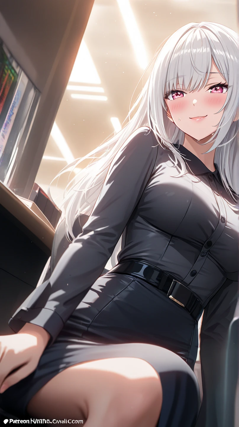 (Highest quality, High resolution, Very detailed), 1 female, Silver Hair, Long Hair, Reddish brown eyes, office staff suit skirt, lace thong, secretary, 24th generation, Beautiful woman, mature, quiet, Calm, Large Breasts, A small smile, office,