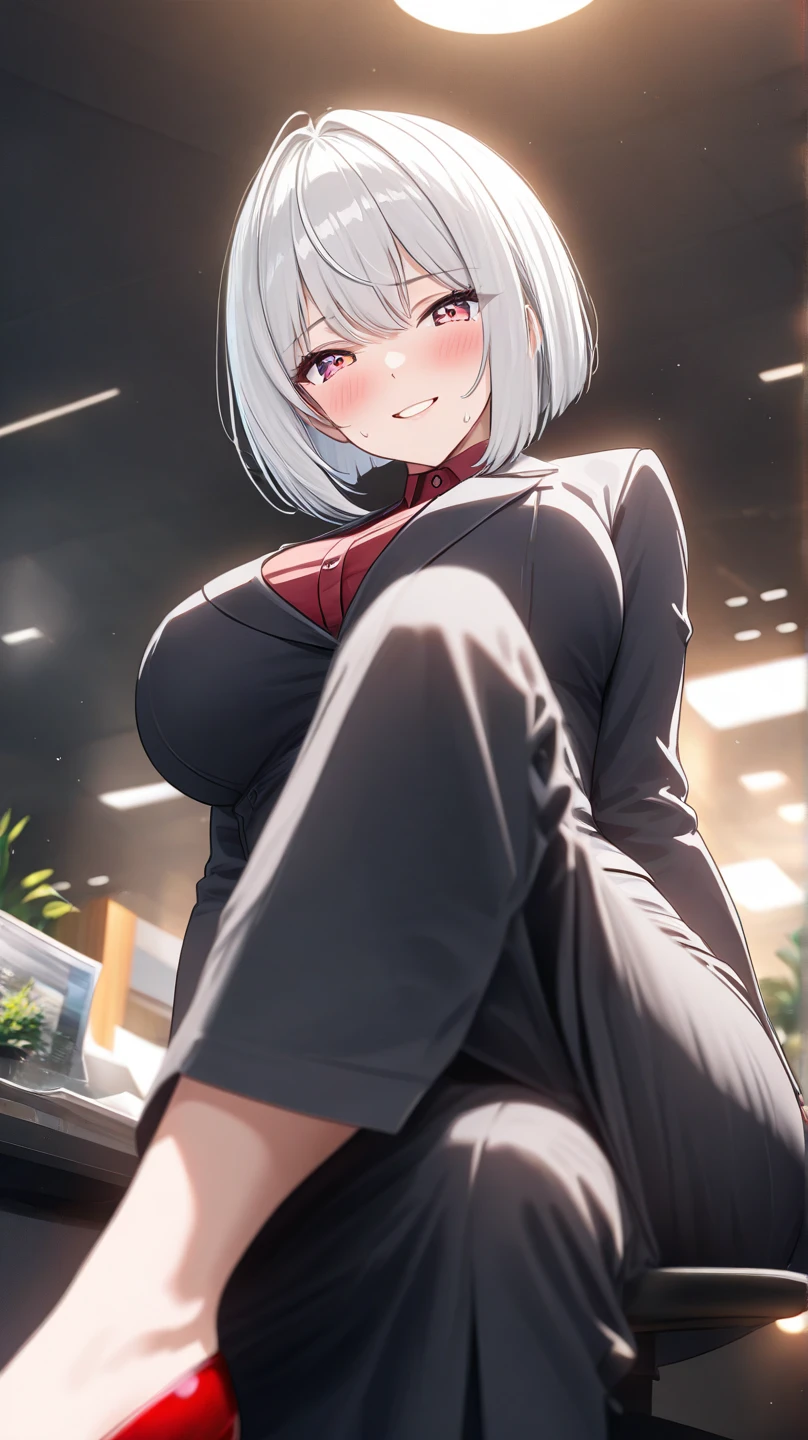 Nurse outfit, masterpiece, highly detailed, ultra detailed, best quality, highest quality, anime, girl, shy, embarrassed expression, short white hair, hugebreasts, blushing, highly detailed background, thin, white gloves, yellow eyes, (office background), (high quality background:1.4), (highly detailed clothes:1.4), (detailed face and eyes:1.2), (spread legs), (standing), (in the window with a city background), smooth legs, fishnet stockings, high heels, (exposed breast), protruding nipples, puffy nipples.